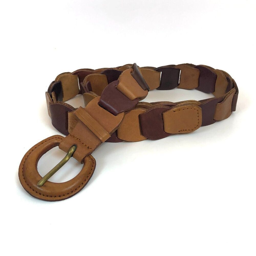Vintage Leather Link Belt Tan Burgundy & Brown Size S 26" to 31.5" 1980s